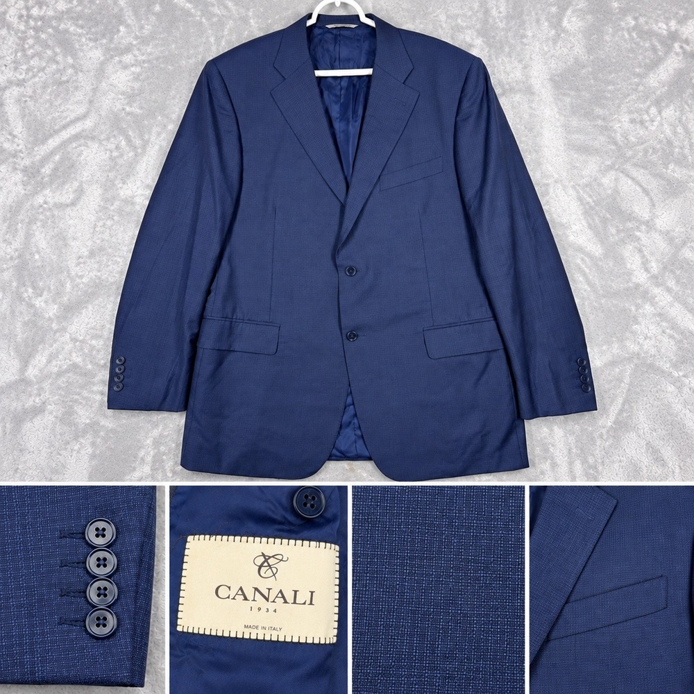 CANALI 1934 Micro Check Wool Blazer Men 46R EU 56 Navy Blue Made in Italy Luxury